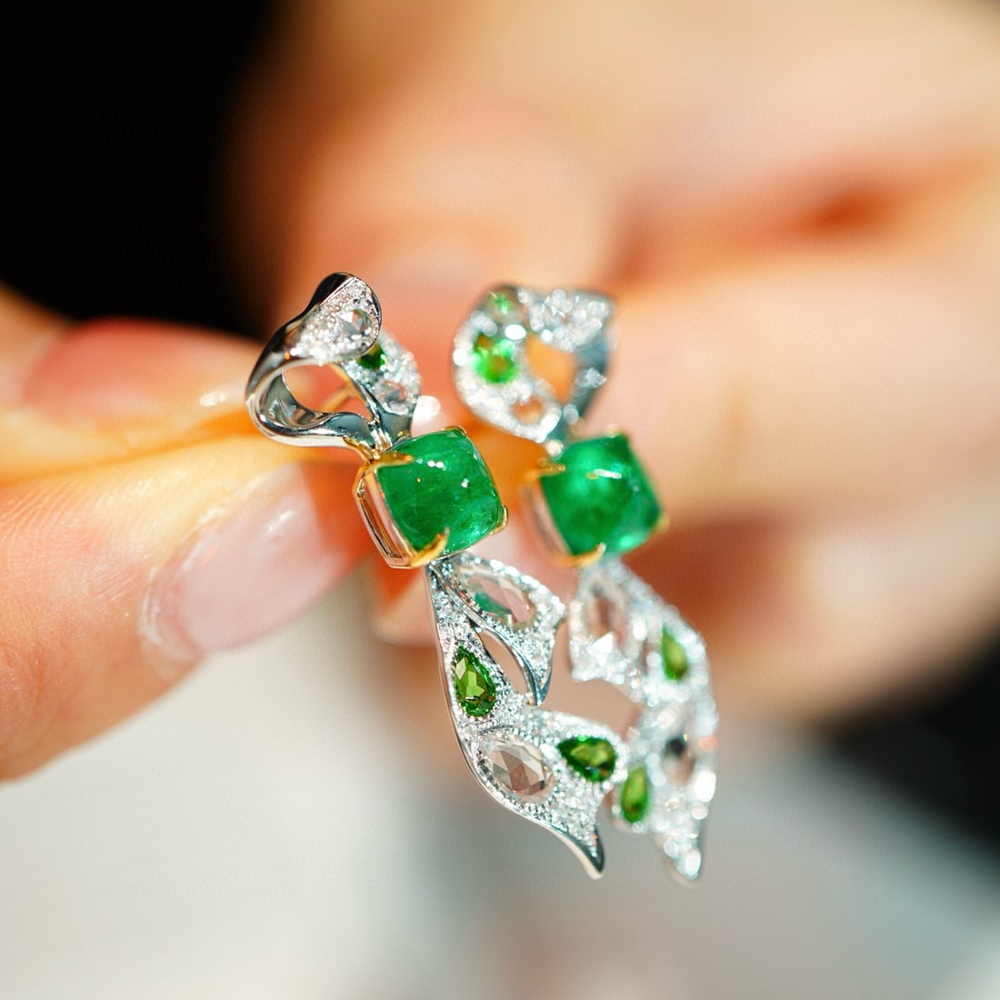 14k Gold 1.7 Ct Vivid Green Natural Emerald & Diamond & Sapphire & Tsavorite Earrings - 3