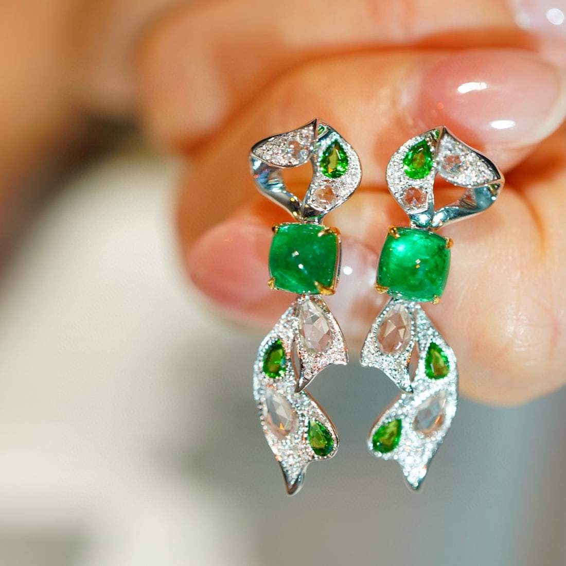 14k Gold 1.7 Ct Vivid Green Natural Emerald & Diamond & Sapphire & Tsavorite Earrings - 4