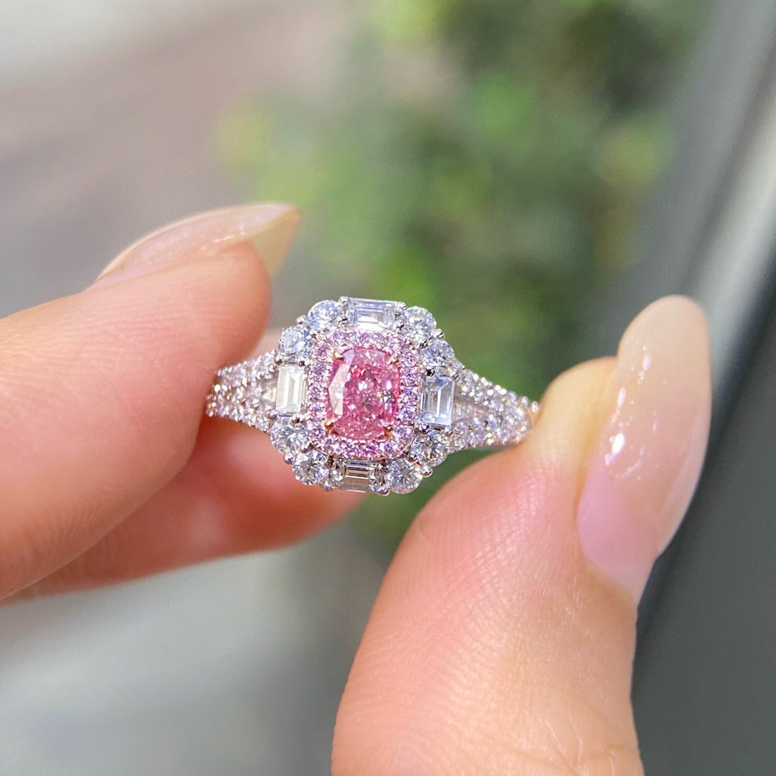 Gia Certified 14k Gold 1.26 Ctw Natural Pink Diamond & Diamond Ring: Ref:231072106 // gold content:14k gold // ring size:7. 25us // // main gemstone:pink diamond // certified:gia // shape:cushion // carat weight:0. 36ct // clarity grade:si2 // color:pink //