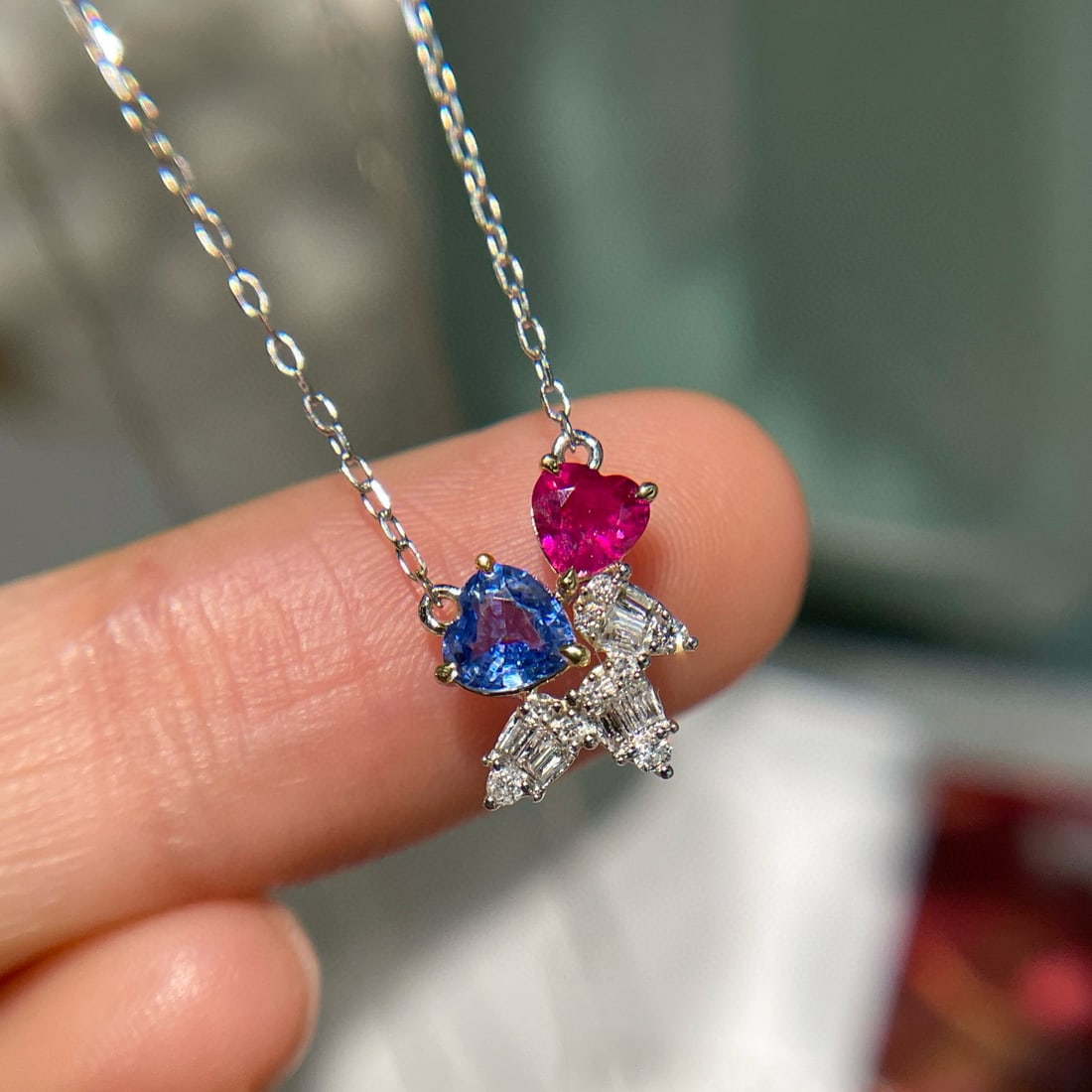 14k Gold 0.6 Ct Natural Ruby & Sapphire & Diamond & Toi Et Moi Necklace: Ref:231072175 // gold content:14k gold // main gemstone:ruby // shape:heart // carat weight:0. 6ct // color:red // treatment:natural // // adjacent gemstone 2 : sapphire // shape:heart // color:blue