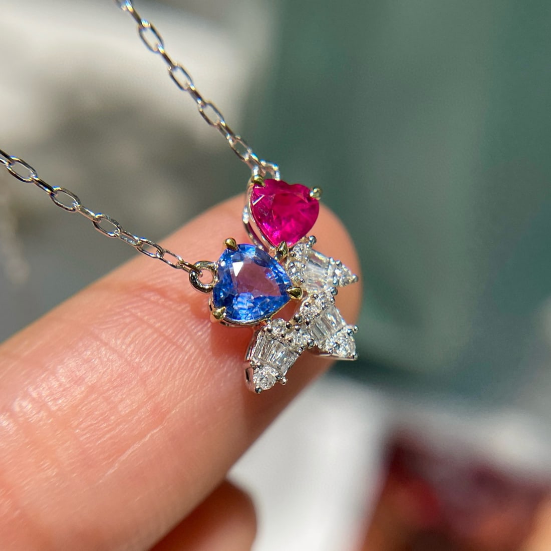 14k Gold 0.6 Ct Natural Ruby & Sapphire & Diamond & Toi Et Moi Necklace - 3