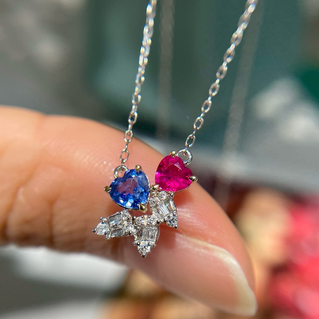 14k Gold 0.6 Ct Natural Ruby & Sapphire & Diamond & Toi Et Moi Necklace - 4