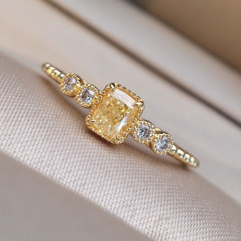 14k Gold 0.3 Ct Natural Yellow Diamond & Diamond Ring: Ref:231072187 // gold content:14k gold // ring size:7. 25us // // main gemstone:yellow diamond // shape:cushion // carat weight:0. 3ct // color:yellow // treatment:natural // // adjacent gemstone 2 :