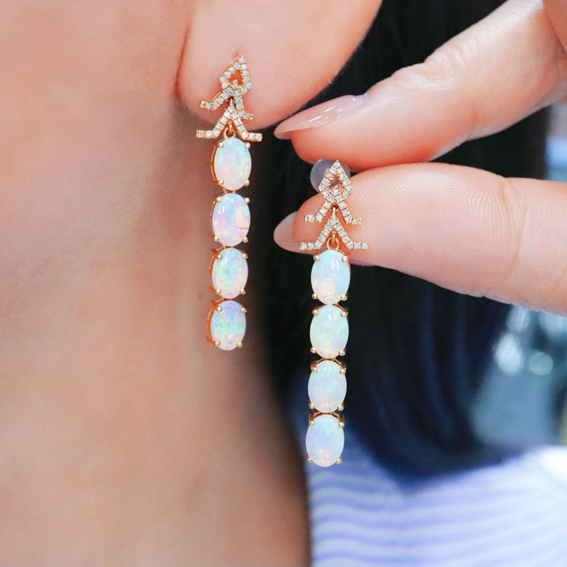 14k Gold 3.23 Ctw Natural Opal & Diamond Earrings - 6