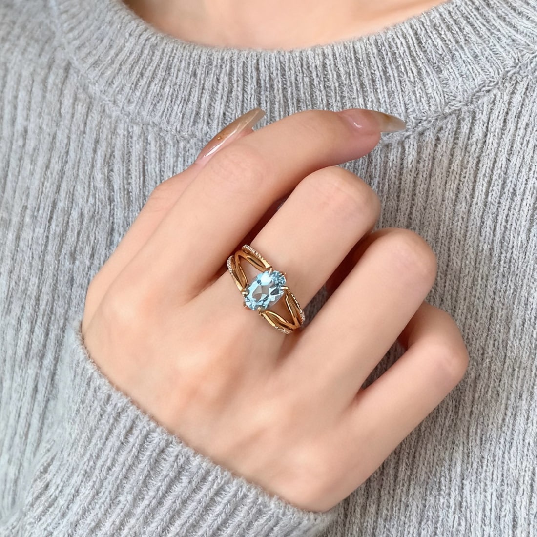 14k Gold 1.20 Ct Natural Aquamarine & Diamond Ring - 3