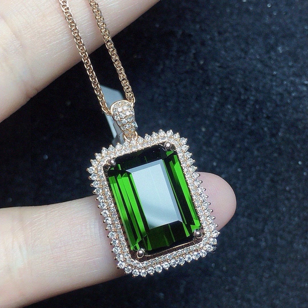 14k Gold 11 Ct Natural Tourmaline & Diamond Pendant( Without Chain ) - 2