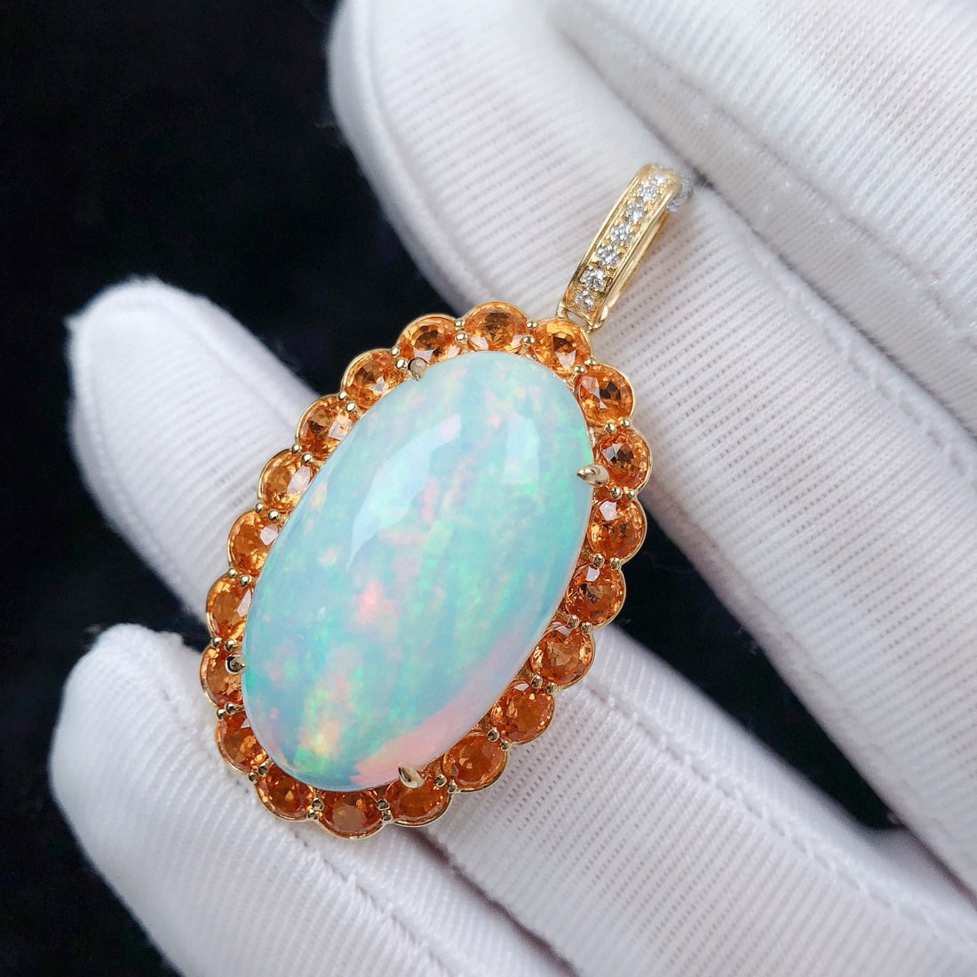 14k Gold 15.05 Ctw Natural Opal & Diamond Pendant( Without Chain ): Ref:231072370 // gold content:14k gold // main gemstone:opal // shape:oval // carat weight:15. 0ct // color:color // treatment:natural // // adjacent gemstone 2 : diamond // shape:round // carat
