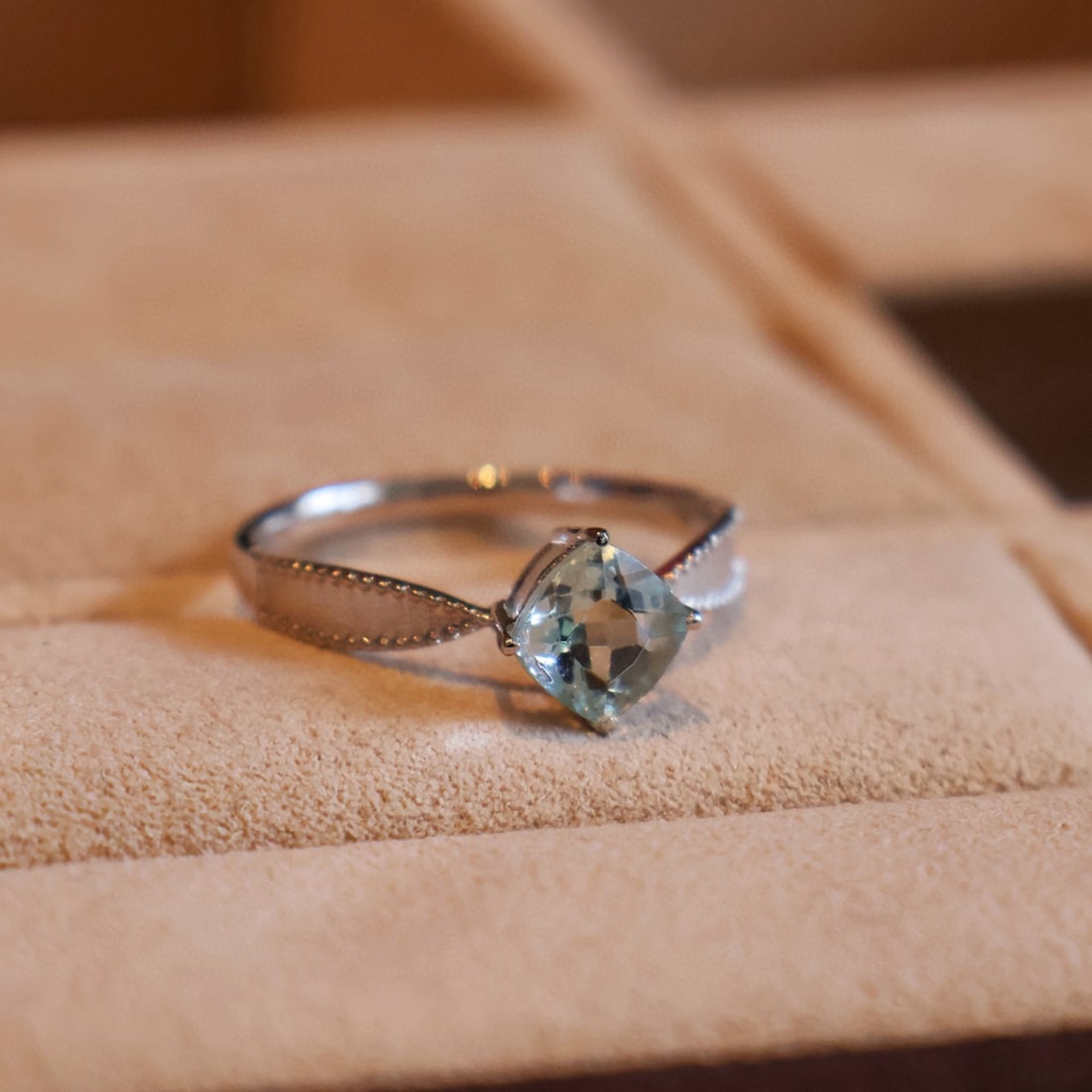 14k Gold 0.90 Ct Natural Aquamarine Ring: Ref:231072408 // gold content:14k gold // ring size:7. 25us // // main gemstone:aquamarine // shape:cushion // carat weight:0. 90ct // color:blue // treatment:natural // Condition: New Low Estimate: