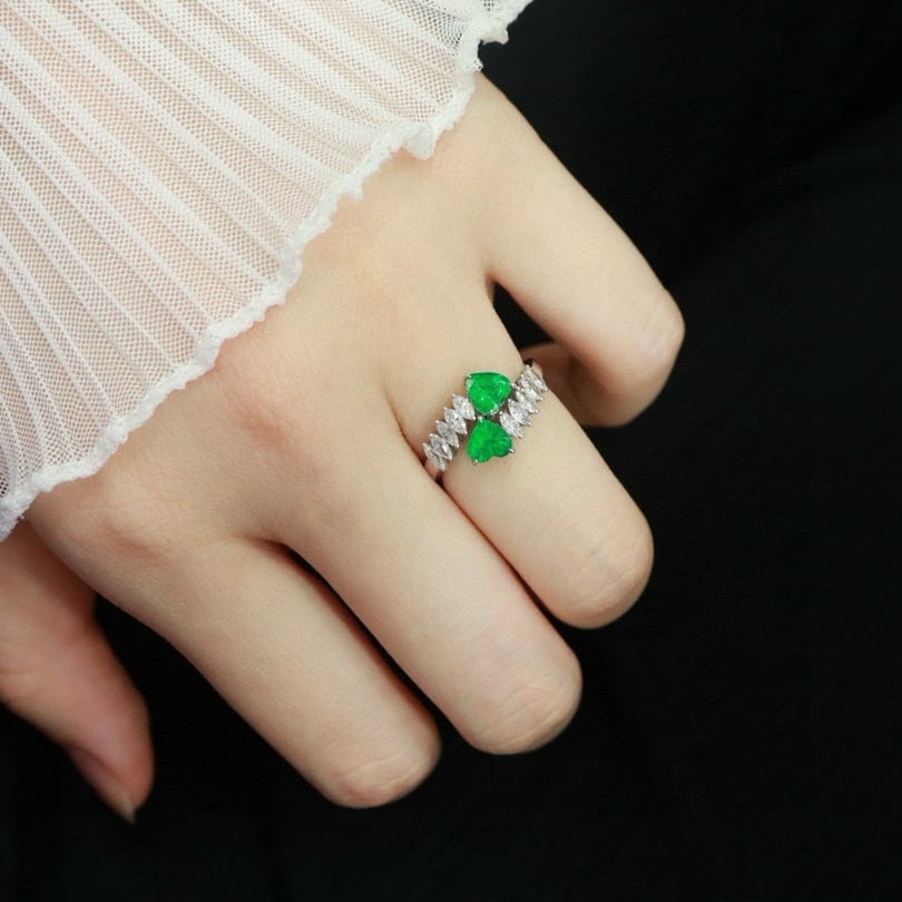 14k Gold 1.52 Ctw Vivid Green Natural Emerald & Diamond & Toi Et Moi Ring - 8