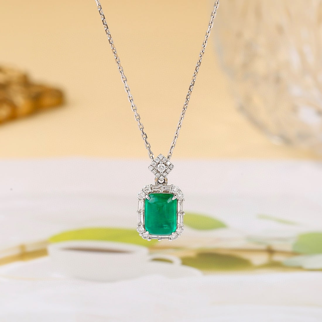 14k Gold 2.26 Ctw Vivid Green Natural Emerald & Diamond Pendant( Without Chain ): Ref:231072440 // gold content:14k gold // main gemstone:emerald // shape:cushion // carat weight:1. 83ct // color:vivid green // treatment:natural // // adjacent gemstone 2 : diamond //