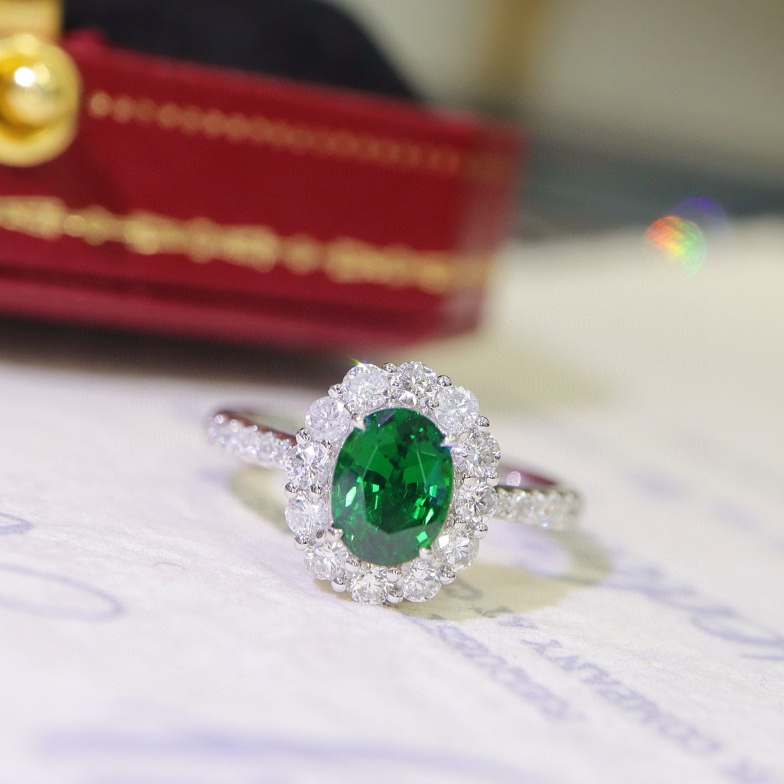 14k Gold 1.83 Ctw Vivid Green Natural Tsavorite & Diamond Ring: Ref:231072449 // gold content:14k gold // ring size:7. 25us // // main gemstone:tsavorite // shape:oval // carat weight:1. 18ct // color:vivid green // treatment:natural // // adjacent gemstone 2 :