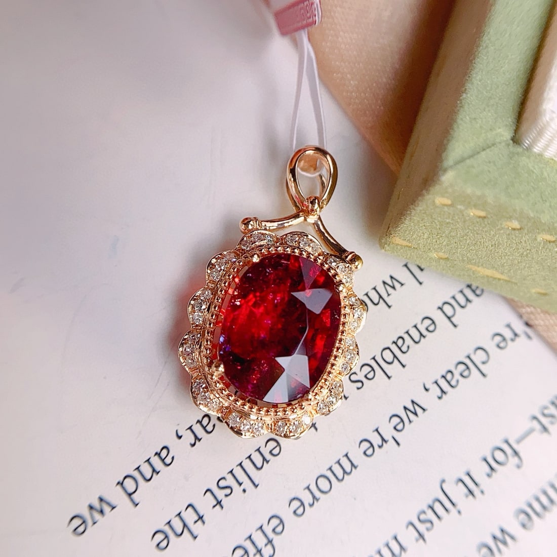 14k Gold 3.90 Ct Natural Tourmaline & Diamond Pendant( Without Chain ): Ref:231072450 // gold content:14k gold // main gemstone:tourmaline // shape:oval // carat weight:3. 90ct // color:red // treatment:natural // // adjacent gemstone 2 : diamond // number of stones:36