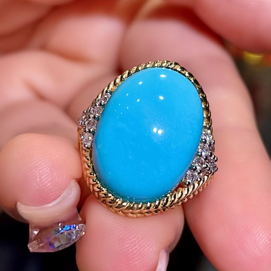 14k Gold 10.54 Ctw Natural Blue Turquoise & Diamond Ring - 3