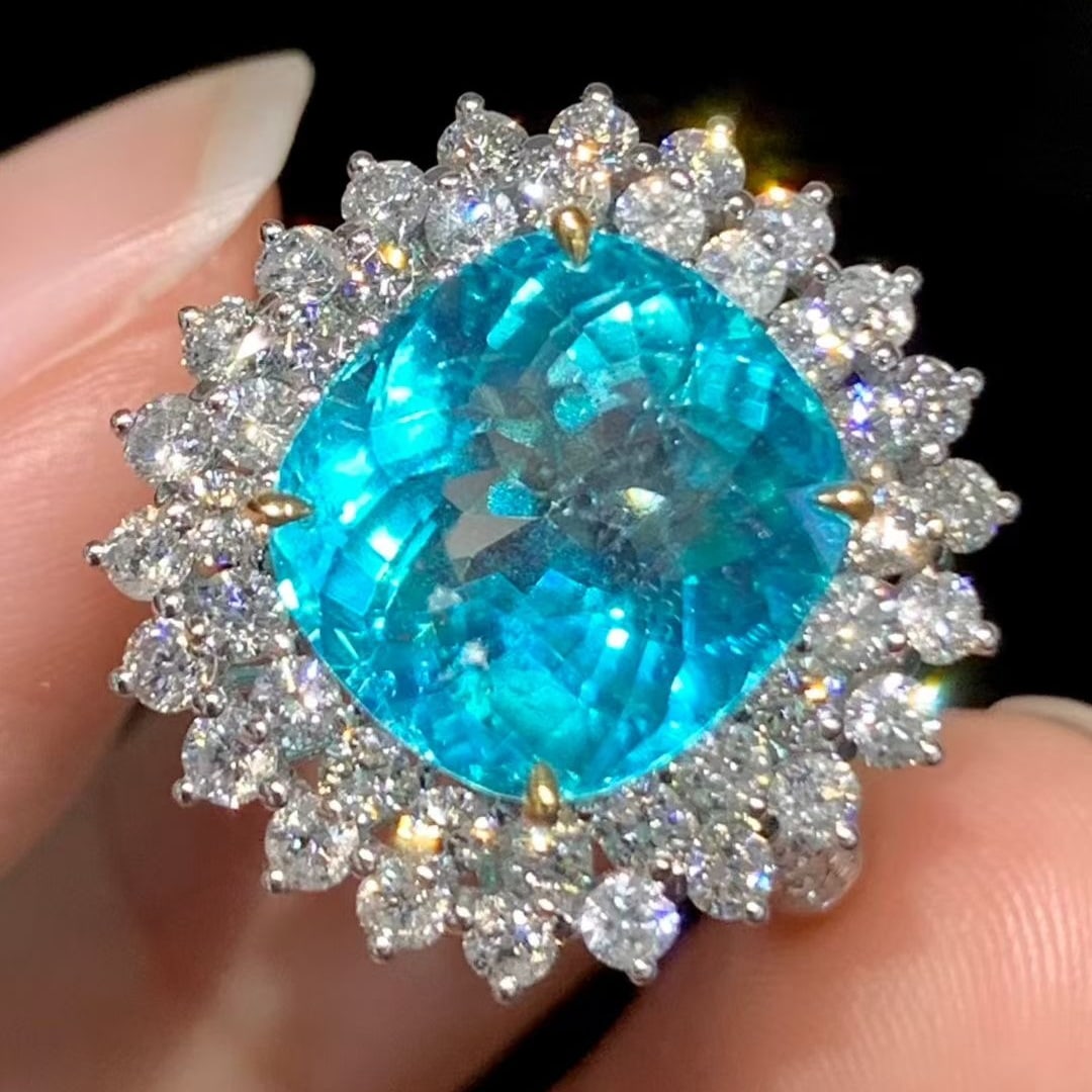 14k Gold 6.3 Ct Natural Paraiba Tourmaline & Diamond Ring - 2