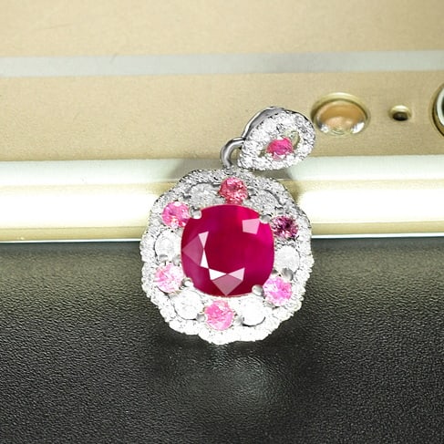 14k Gold 1.96 Ctw Natural Ruby & Diamond Pendant( Without Chain ): Ref:231073058 // gold content:14k gold // main gemstone:ruby // shape:cushion // carat weight:1. 67ct // color:red // treatment:natural // // adjacent gemstone 2 : diamond // shape:round // carat