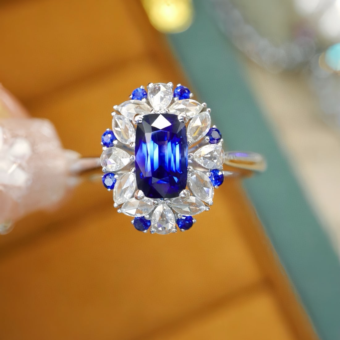 14k Gold 1.37 Ctw Natural Sapphire & Diamond Ring: Ref:231073060 // gold content:14k gold // ring size:7. 25us // // main gemstone:sapphire // shape:cushion // carat weight:1. 09ct // color:royal blue // treatment:natural // // adjacent gemstone 2 :