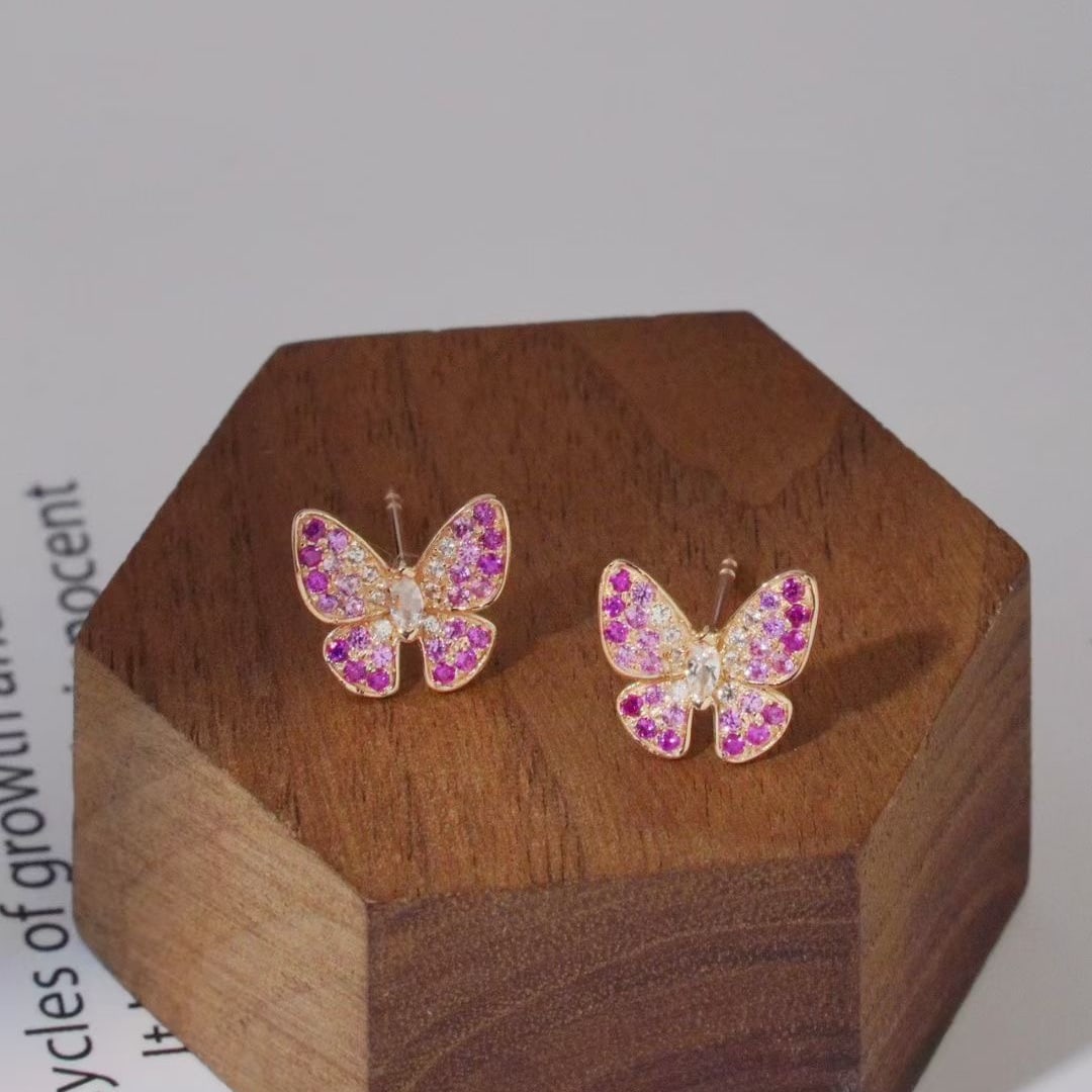 14k Gold 0.6 Ct Natural Sapphire & Butterfly Earrings: Ref:231073075 // gold content:14k gold // main gemstone:sapphire // shape:round // carat weight:0. 6ct // color:pink // treatment:natural // cut grade:g //