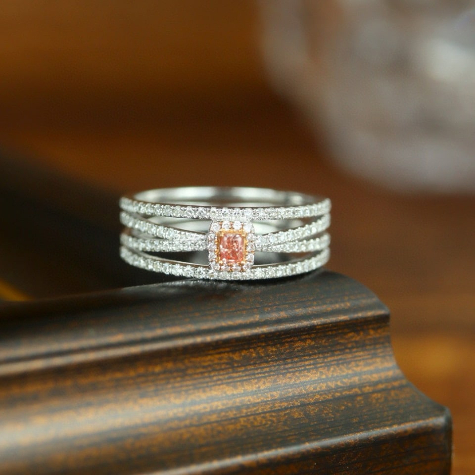 14k Gold 0.41 Ctw Natural Pink Diamond & Diamond Ring: Ref:231073115 // gold content:14k gold // ring size:7. 25us // // main gemstone:pink diamond // shape:cushion // carat weight:0. 06ct // color:pink // treatment:natural // // adjacent gemstone 2 :