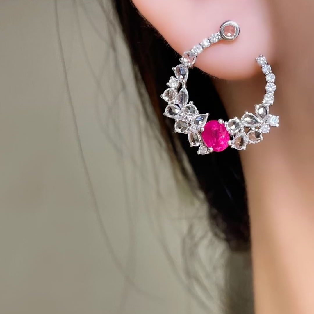 14k Gold 1.3 Ct Natural Ruby & Diamond Earrings - 4