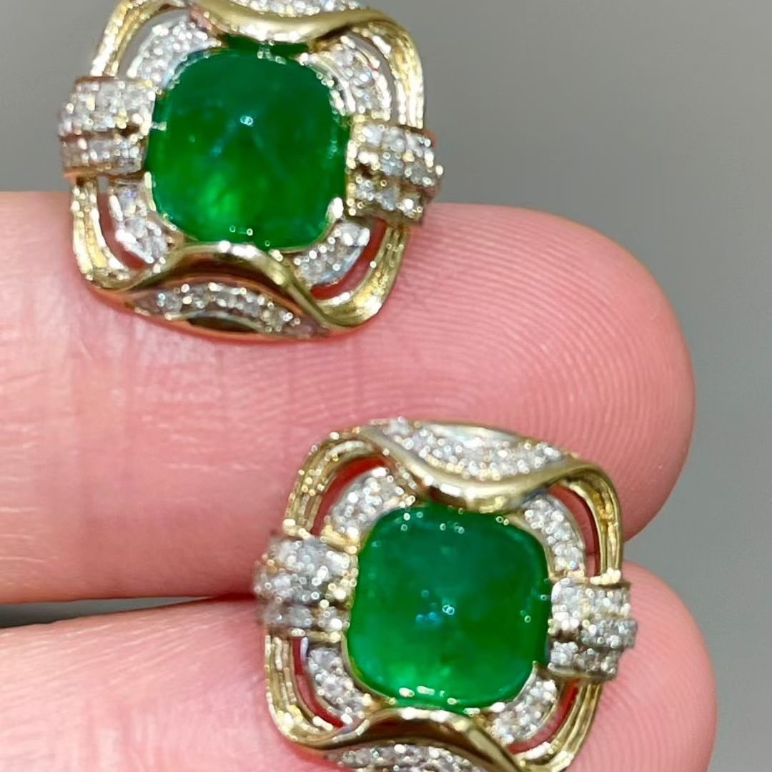 14k Gold 3 Ct Vivid Green Natural Emerald & Diamond Earrings - 3