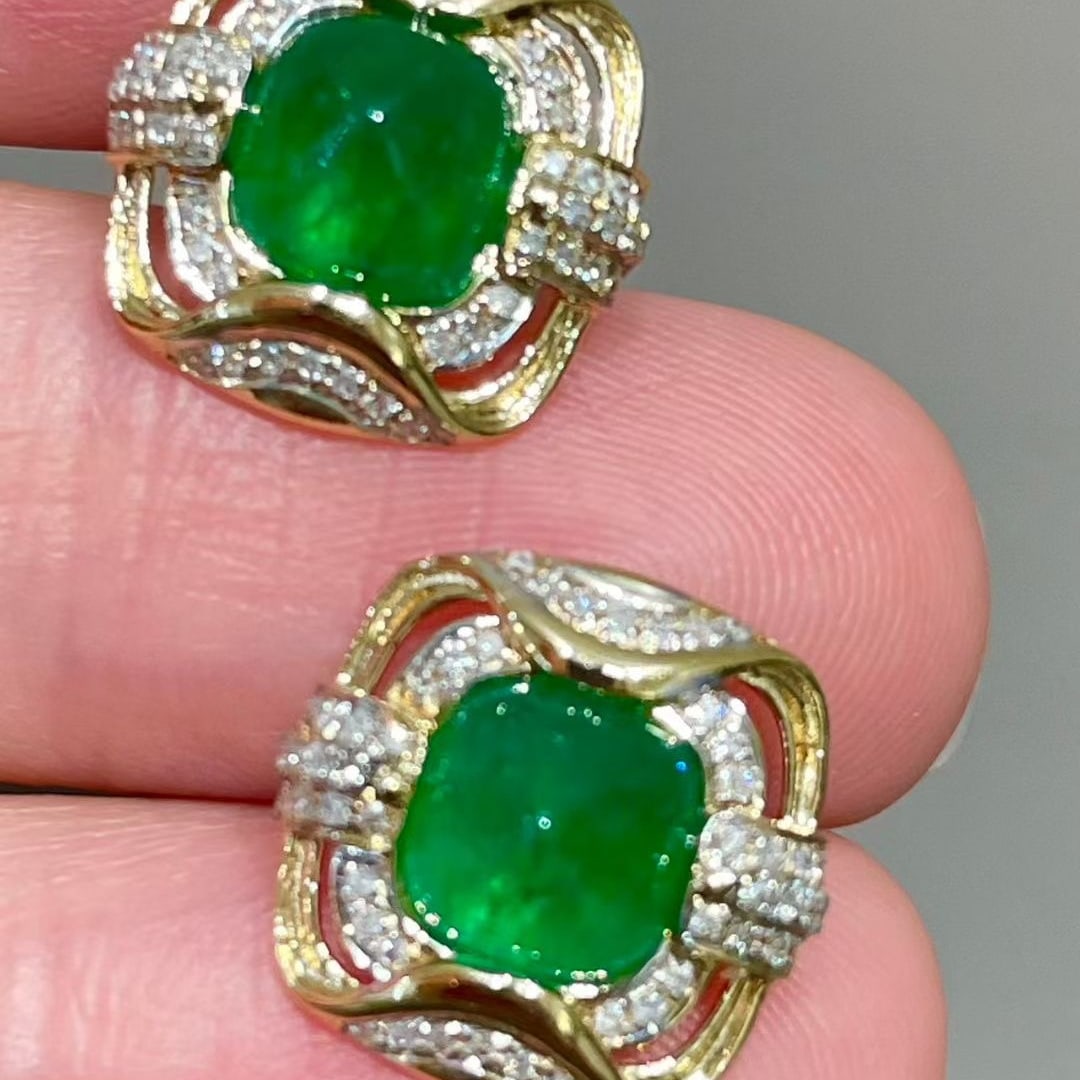 14k Gold 3 Ct Vivid Green Natural Emerald & Diamond Earrings - 4