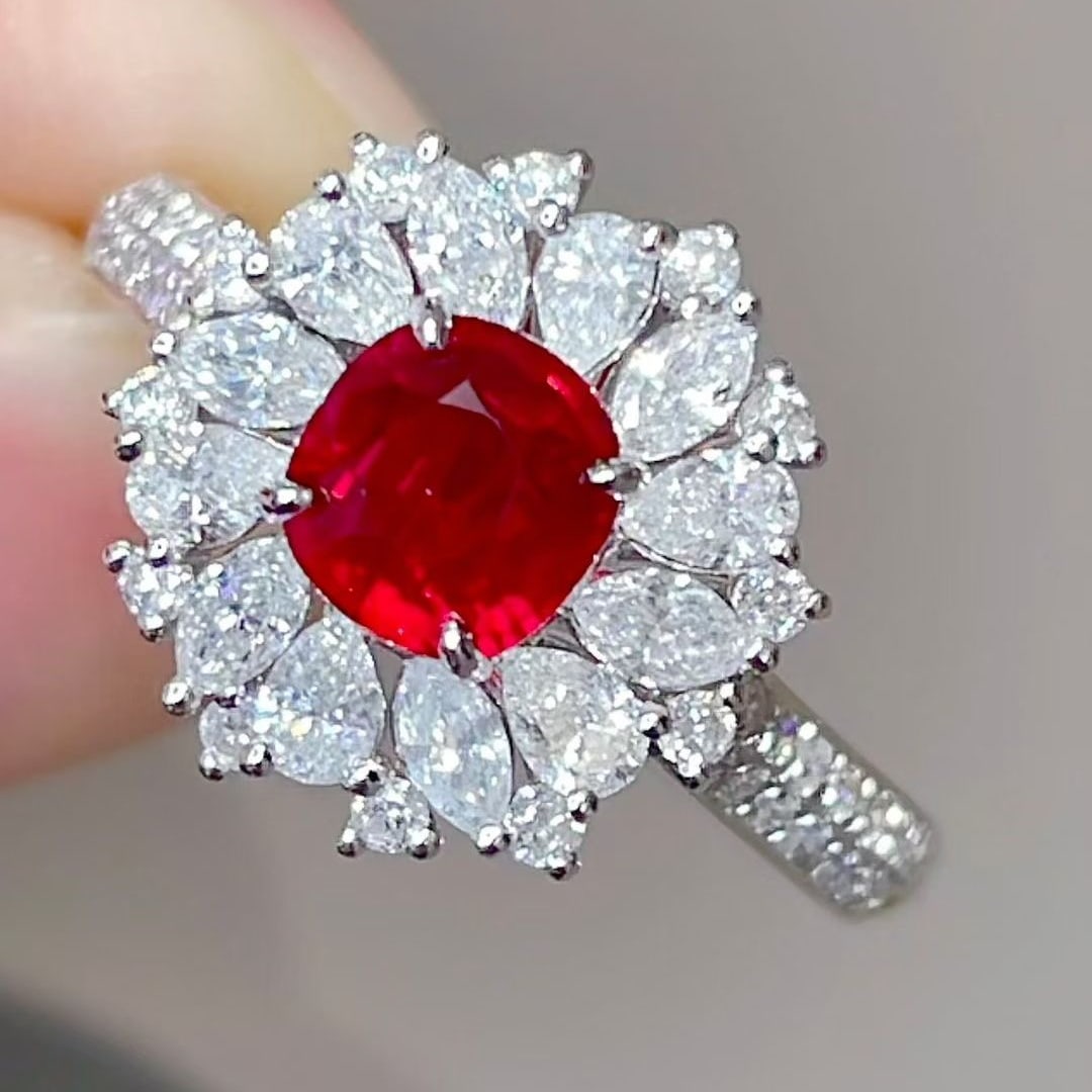 14k Gold 1.93 Ctw Natural Ruby & Diamond Ring: Ref:231073142 // gold content:14k gold // ring size:7. 25us // // main gemstone:ruby // shape:cushion // carat weight:1. 05ct // color:pigeonblood red // treatment:natural // // adjacent gemstone 2 :