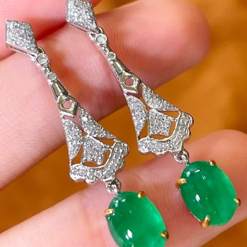 14k Gold 2.3 Ct Vivid Green Natural Emerald & Diamond Earrings - 2
