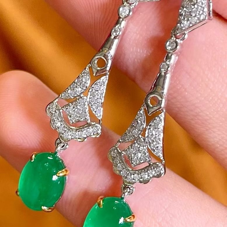 14k Gold 2.3 Ct Vivid Green Natural Emerald & Diamond Earrings - 3