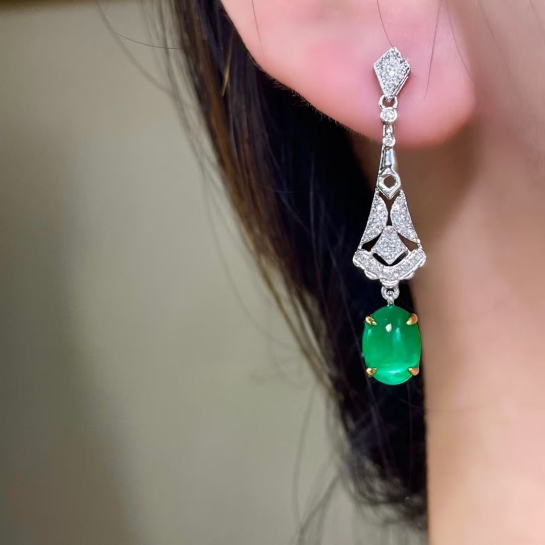 14k Gold 2.3 Ct Vivid Green Natural Emerald & Diamond Earrings - 4