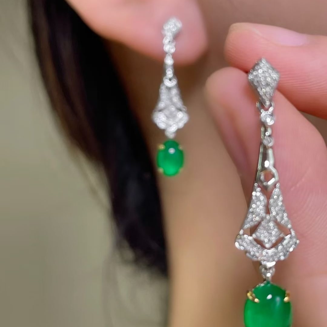 14k Gold 2.3 Ct Vivid Green Natural Emerald & Diamond Earrings - 5
