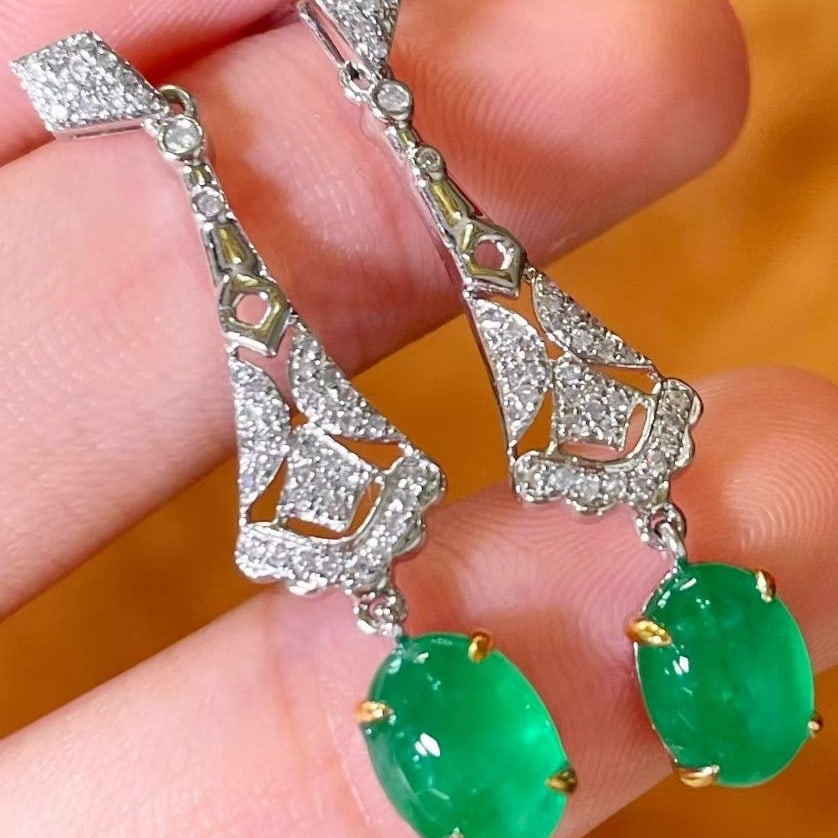 14k Gold 2.3 Ct Vivid Green Natural Emerald & Diamond Earrings - 6