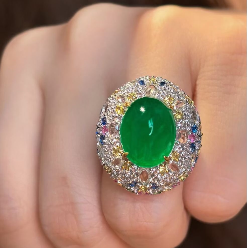 14k Gold 9 Ct Vivid Green Natural Emerald & Diamond Ring: Ref:231073175 // gold content:14k gold // ring size:7. 25us // // main gemstone:emerald // shape:oval // carat weight:9ct // color:vivid green // treatment:natural // // adjacent gemstone 2 : diamond