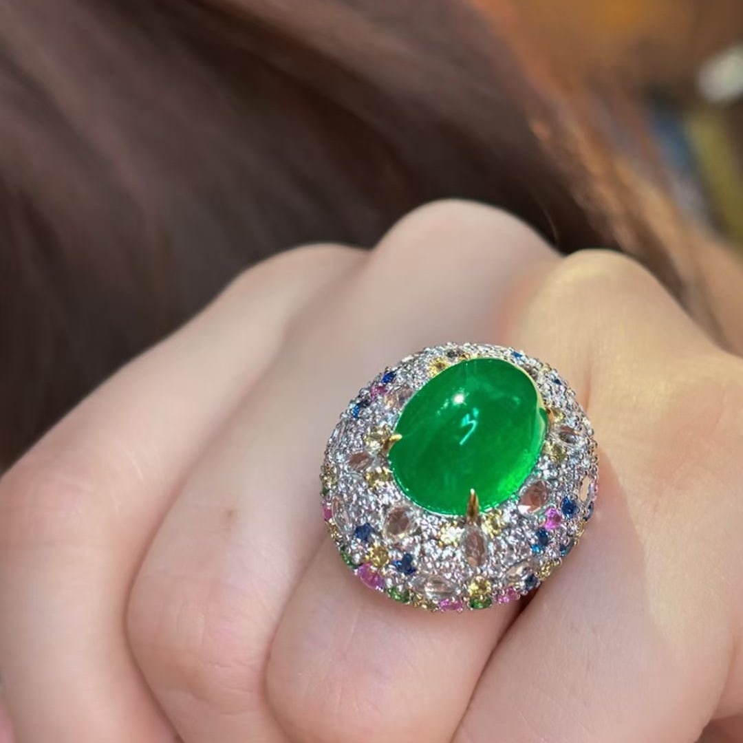 14k Gold 9 Ct Vivid Green Natural Emerald & Diamond Ring - 5