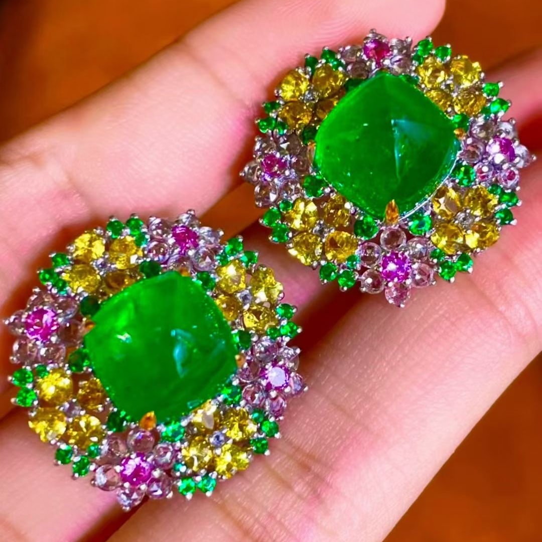 14k Gold 16.2 Ctw Vivid Green Natural Emerald & Sapphire & Tsavorite Earrings: Ref:231073178 // gold content:14k gold // main gemstone:emerald // shape:sugar-loaf // carat weight:10. 9ct // color:vivid green // treatment:natural // // adjacent gemstone 2 : sapphire & tsavorite