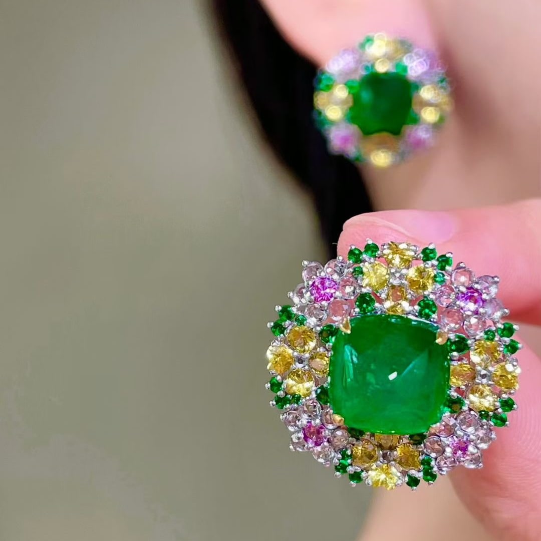 14k Gold 16.2 Ctw Vivid Green Natural Emerald & Sapphire & Tsavorite Earrings - 2