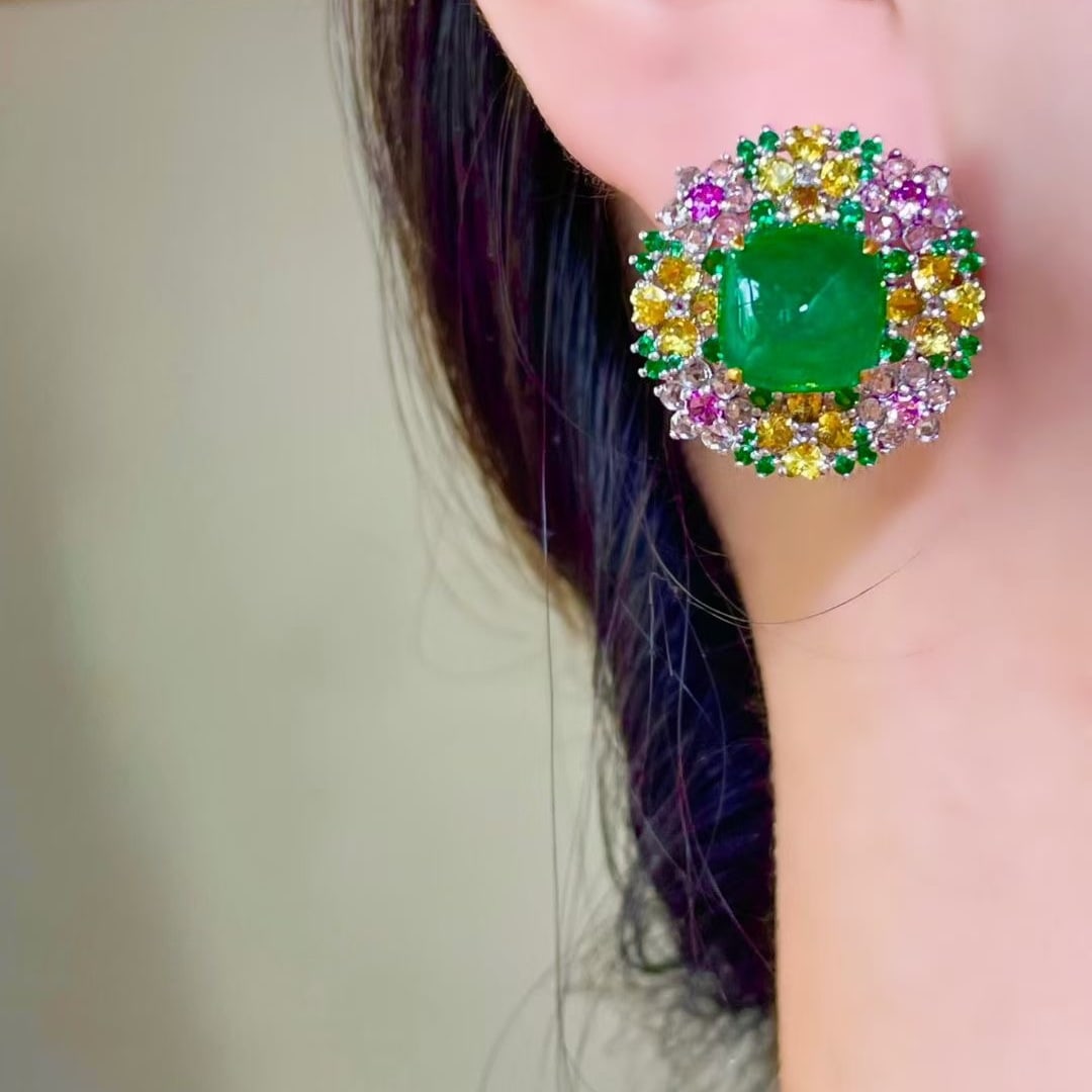 14k Gold 16.2 Ctw Vivid Green Natural Emerald & Sapphire & Tsavorite Earrings - 3