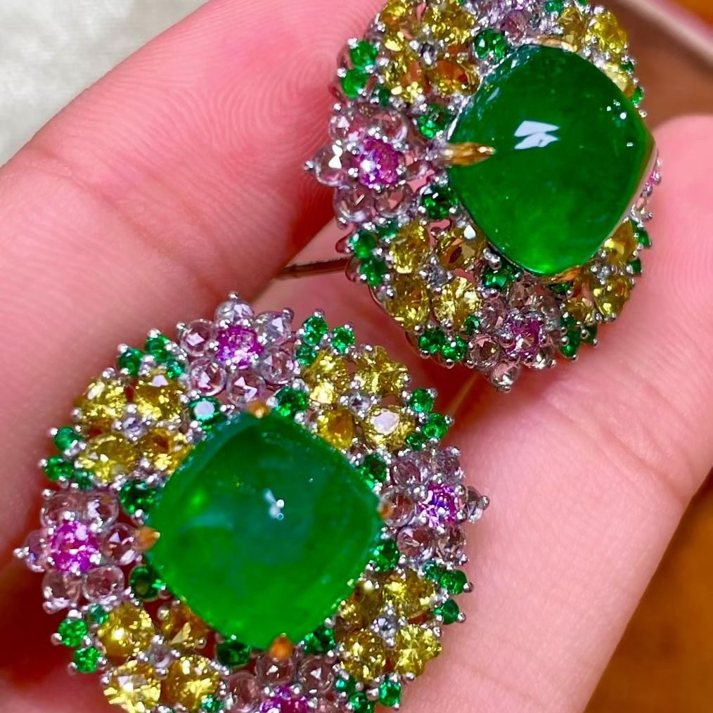 14k Gold 16.2 Ctw Vivid Green Natural Emerald & Sapphire & Tsavorite Earrings - 5