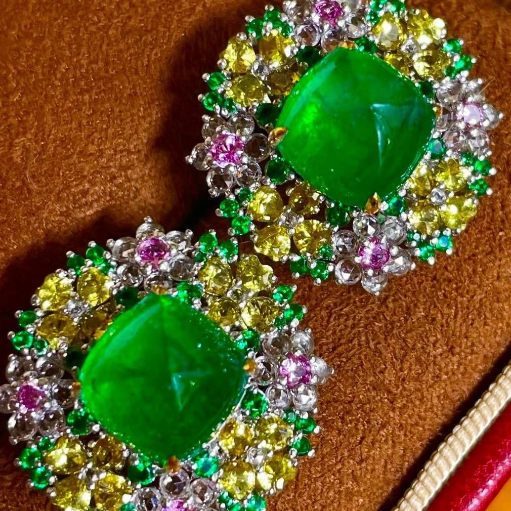 14k Gold 16.2 Ctw Vivid Green Natural Emerald & Sapphire & Tsavorite Earrings - 7