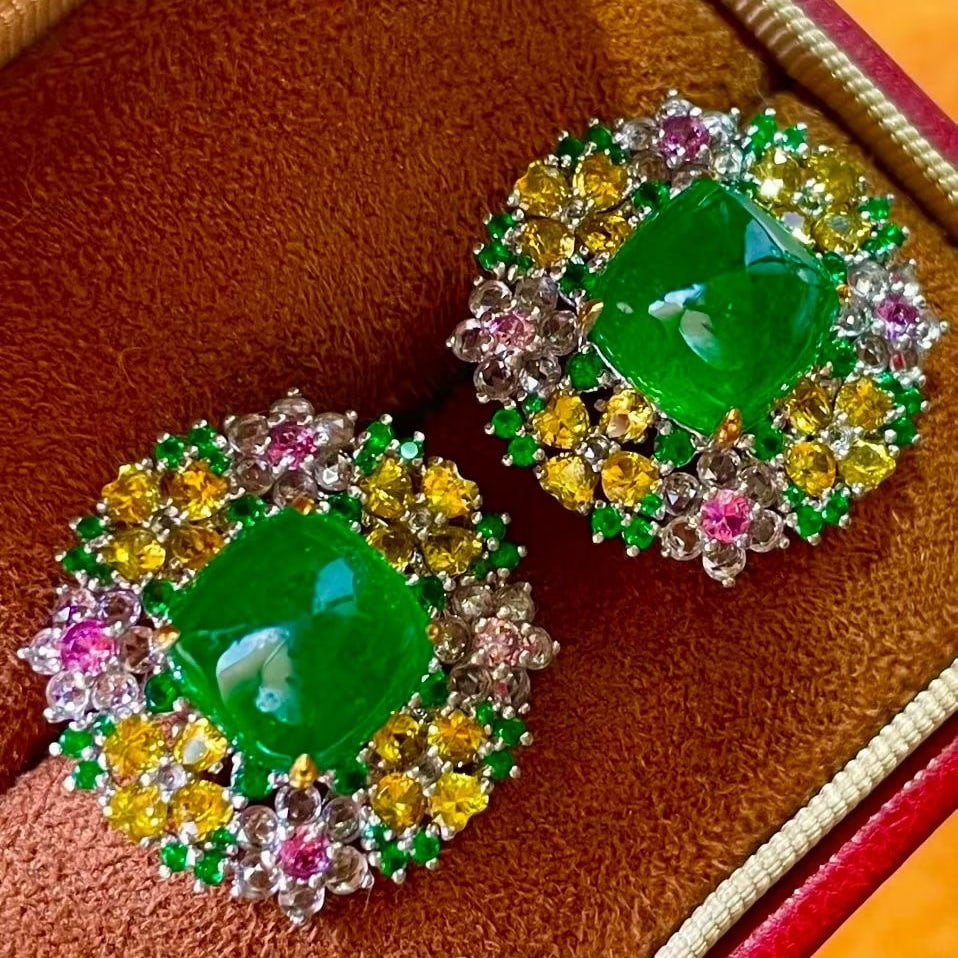 14k Gold 16.2 Ctw Vivid Green Natural Emerald & Sapphire & Tsavorite Earrings - 8