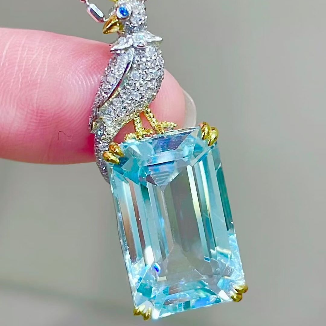 14k Gold 8.5 Ct Natural Aquamarine & Diamond Pendant( Without Chain ) - 3