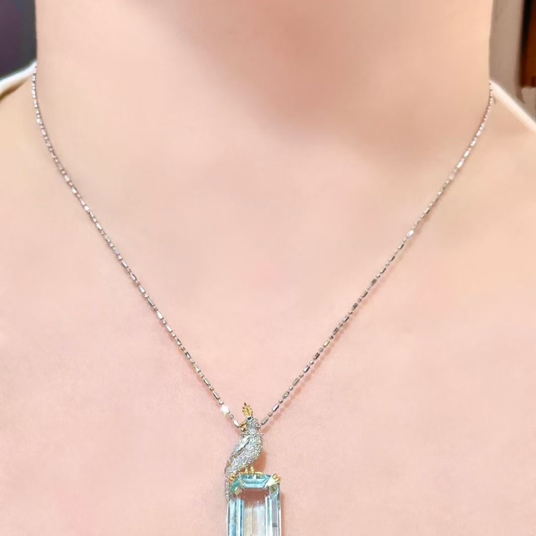 14k Gold 8.5 Ct Natural Aquamarine & Diamond Pendant( Without Chain ) - 4