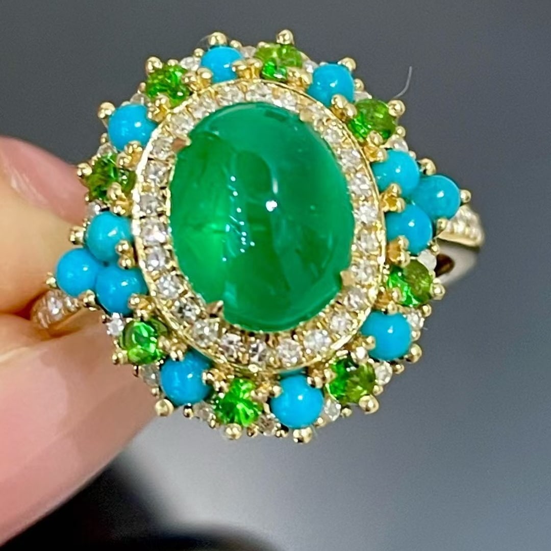 14k Gold 2.05 Ct Vivid Green Natural Emerald & Diamond & Blue Turquoise & Tsavorite Ring: Ref:231073218 // gold content:14k gold // ring size:7. 25us // // main gemstone:emerald // shape:oval // carat weight:2. 05ct // color:vivid green // treatment:natural // // adjacent gemstone 2 :