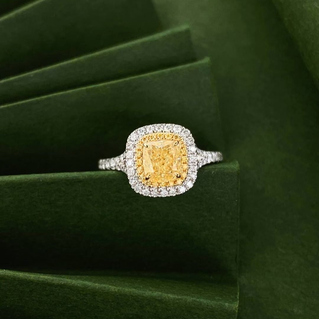 14k Gold 0.86 Ctw Natural Yellow Diamond & Diamond Ring: Ref:231073229 // gold content:14k gold // ring size:7. 25us // // main gemstone:yellow diamond // shape:cushion // carat weight:0. 56ct // color:yellow // treatment:natural // // adjacent gemstone 2