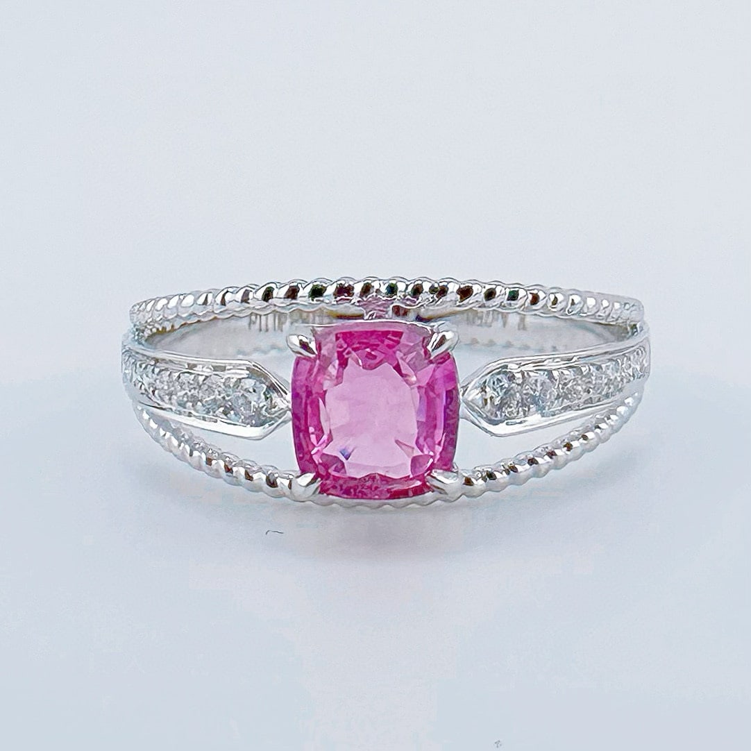 14k Gold 1.19 Ctw Natural Sapphire & Diamond Ring: Ref:231074013 // gold content:14k gold // ring size:7. 25us // // main gemstone:sapphire // shape:cushion // carat weight:1. 08ct // color:pink // treatment:natural // // adjacent gemstone 2 :