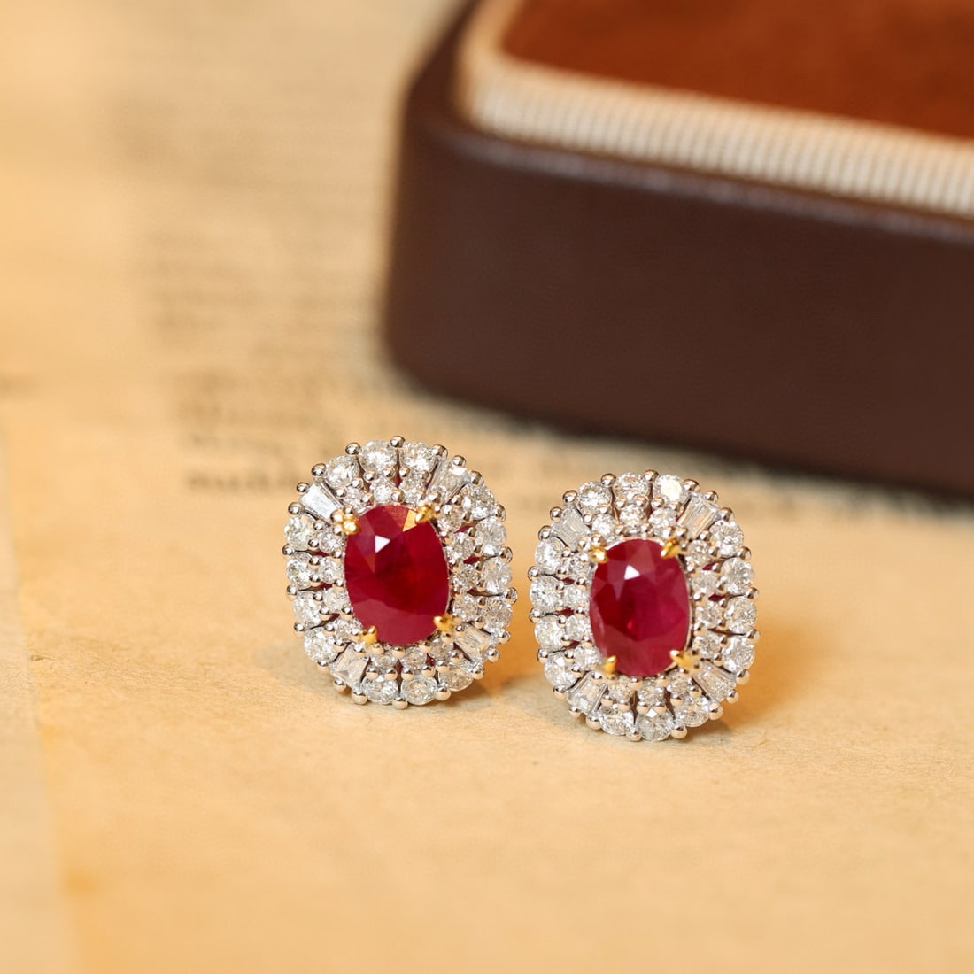 14k Gold 3.42 Ctw Natural Ruby & Diamond Earrings: Ref:231074019 // gold content:14k gold // main gemstone:ruby // shape:oval // carat weight:2. 12ct // color:pigeonblood red // treatment:natural // // adjacent gemstone 2 : diamond // shape:multiple