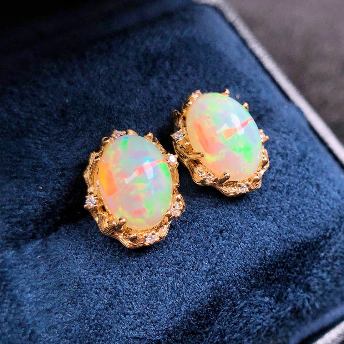 14k Gold 6.43 Ctw Natural Opal & Diamond Earrings - 2