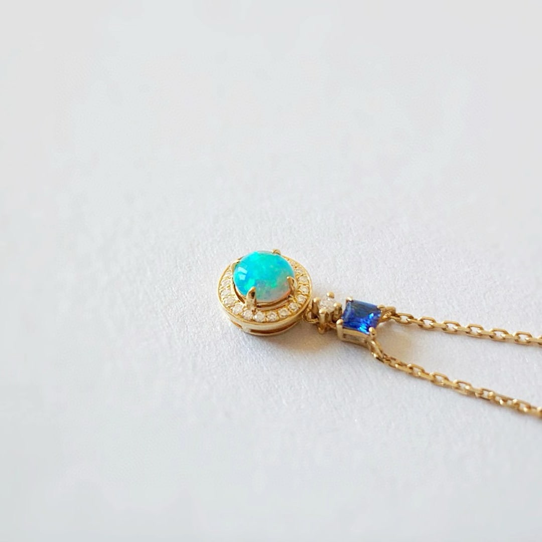 14k Gold 0.32 Ctw Natural Opal & Sapphire Necklace - 2
