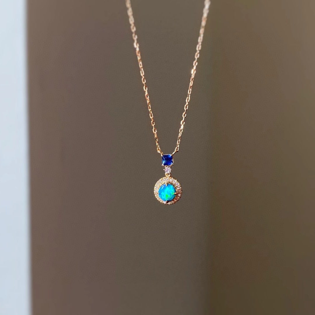 14k Gold 0.32 Ctw Natural Opal & Sapphire Necklace - 3