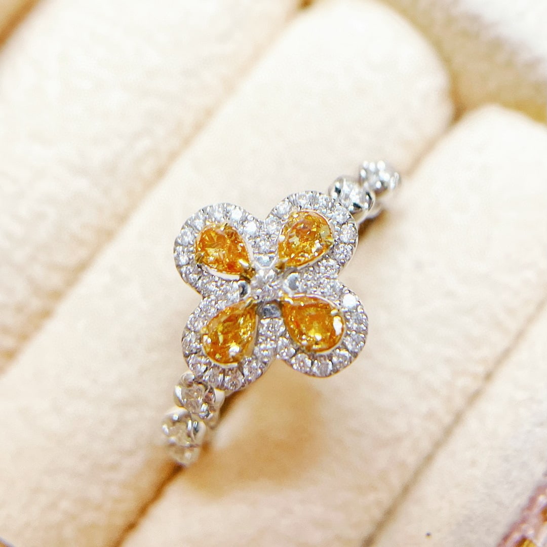 14k Gold 0.55 Ctw Natural Orange Diamond & Diamond Ring: Ref:231074038 // gold content:14k gold // ring size:7. 25us // // main gemstone:orange diamond // shape:pear // carat weight:0. 30ct // color:orange // treatment:natural // // adjacent gemstone 2 :