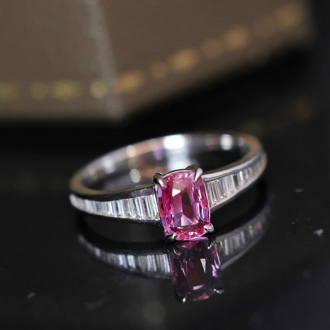 14k Gold 1.43 Ctw Natural Sapphire & Diamond Ring: Ref:231074042 // gold content:14k gold // ring size:7. 25us // // main gemstone:sapphire // shape:cushion // carat weight:1. 04ct // color:pink // treatment:natural // // adjacent gemstone 2 :